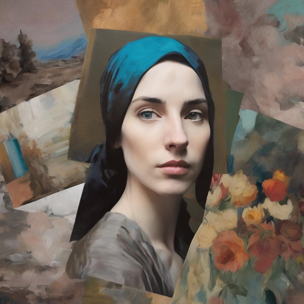 Υψηλής αισθητικής πορτρέτο γυναίκας με σκούρο μπλε μαντήλι, συνδυάζοντας επιστημονική και καλλιτεχνική δημιουργικότητα, μέσα από ζωγραφική και φωτογραφία επιμελημένη τέχνη.