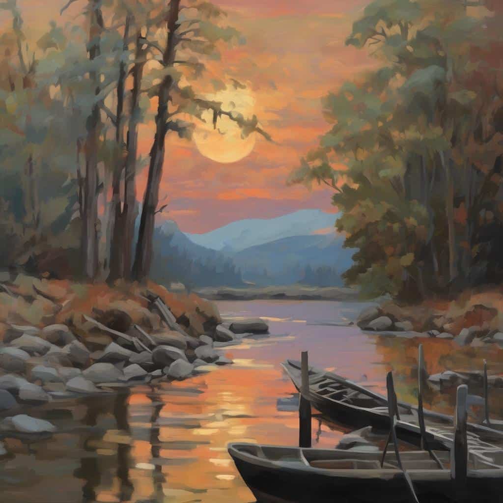 Ζωγραφική τοπίο με λίμνη και βάρκες υπό το φεγγάρι, συνδυασμός επιστήμης και τέχνης στον καλλιτεχνικό κόσμο.