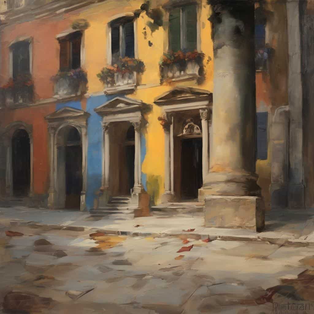 Γραμμένο όχημα, πολύχρωμα κτίρια, καλλιτεχνική απεικόνιση, αρχιτεκτονική, τέχνη και επιστήμη, ζωγραφική, δημιουργία, Ευρωπαϊκή πόλη, πολιτισμός, γραφική τέχνη, πόλη και αρχιτεκτονική, εμπνευσμένη τέχνη, ιστορική κατασκευή, παραδοσιακή αρχιτεκτονική, ζωγραφική σε καμβά, πολιτιστική κληρονομιά, συνδυασμός τέχνης και επιστήμης, ζωγραφική με έμφαση στην αρχιτεκτονική, καλλιτεχνική αναπαράσταση.